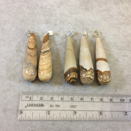 Single Natural Picture Jasper Teardrop/Pear Shaped Pendant W/ Silver Bail - Two Styles ~ 15mm x 50-55mm, Approx. - Sold Individually, Random