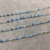 Silver Plated Copper Rosary Chain with Faceted 3-4mm Rondelle Shaped Mystic Coated Mixed Blue/White Moonstone Beads - Sold Per Ft - CH142-SV