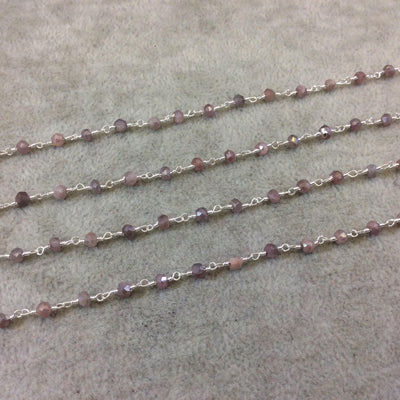 Silver Plated Copper Rosary Chain with Faceted 3-4mm Rondelle Shaped Mystic Coated Pink/Mauve Moonstone Beads - Sold Per Ft - CH144-SV