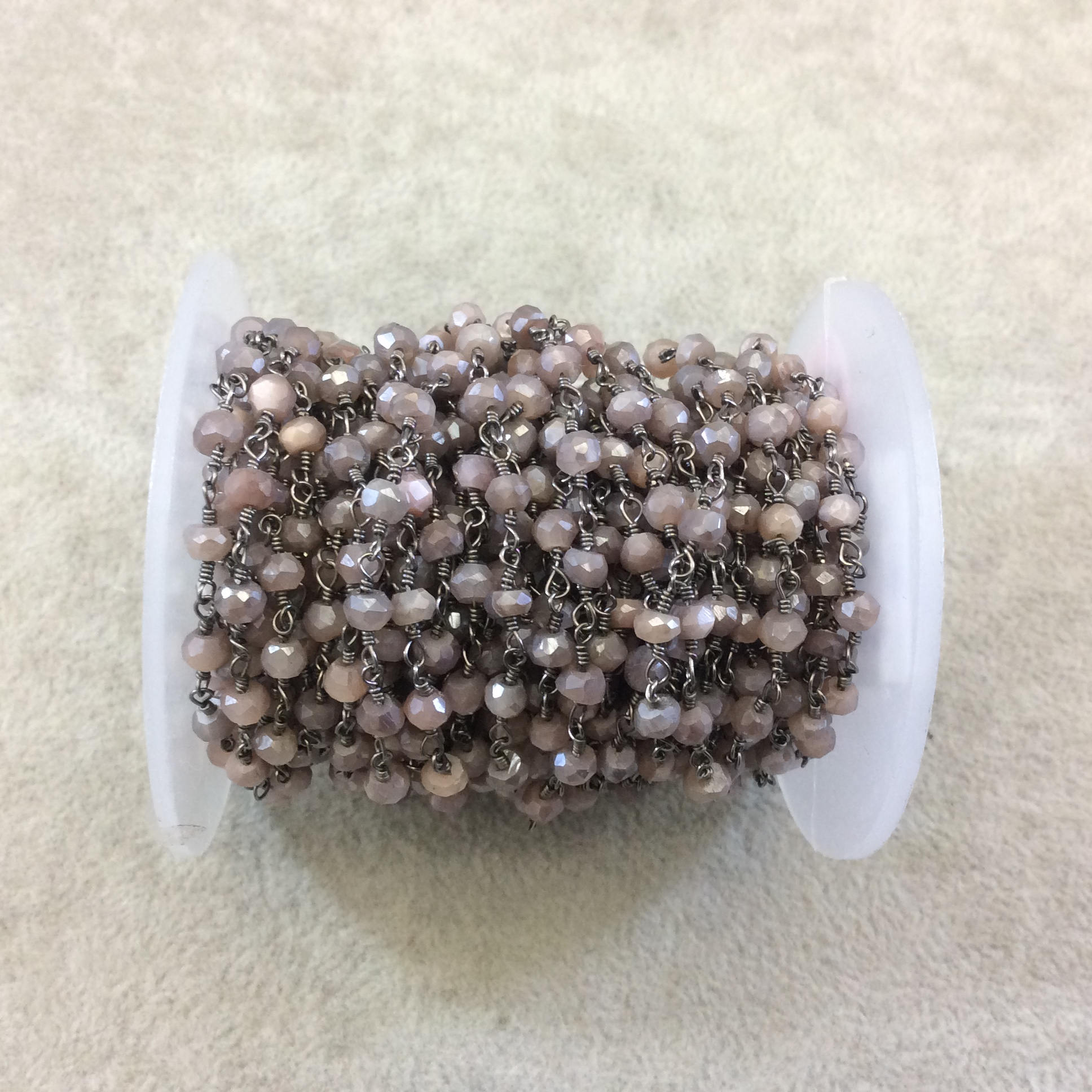 Gunmetal Plated Copper Rosary Chain with Faceted 3-4mm Rondelle Shaped Mystic Coated Pink/Mauve Moonstone Beads - Sold Per Ft - CH144-GM