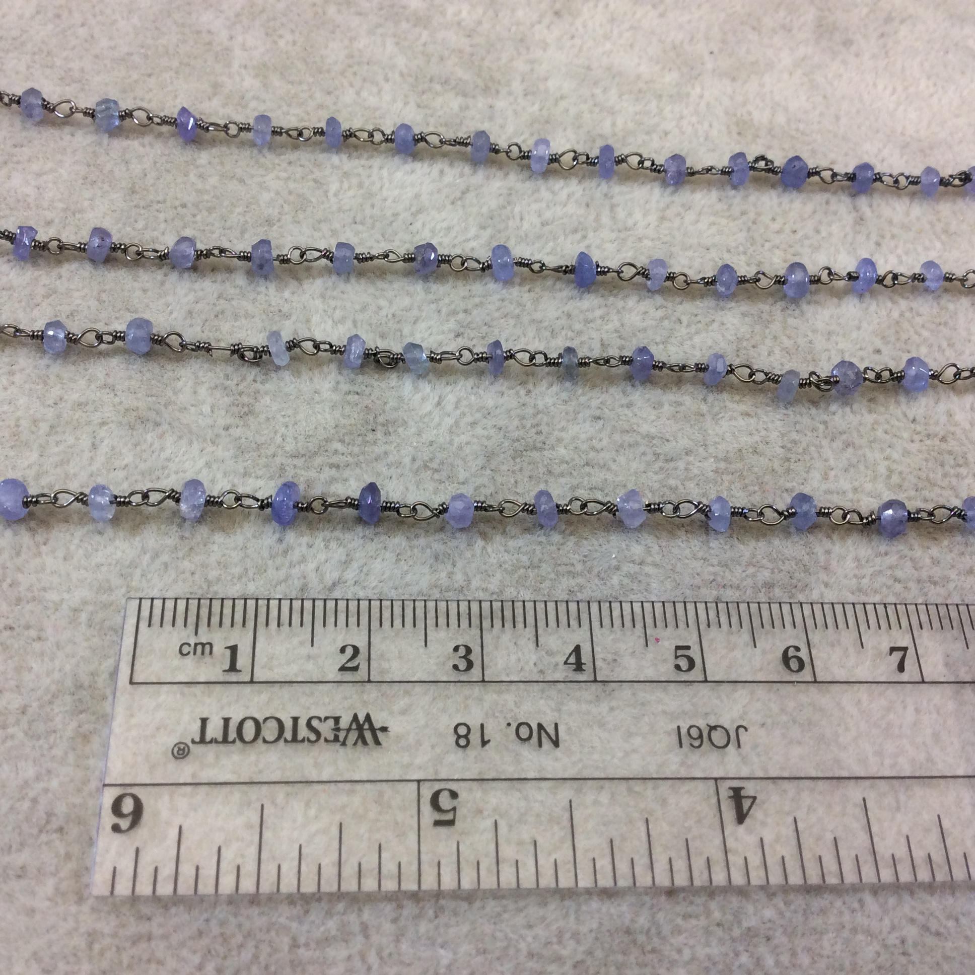 Gunmetal Plated Copper Rosary Chain with Faceted 3-4mm Rondelle Shaped Mystic Coated Medium Blue Moonstone Beads - Sold Per Ft - CH143-GM