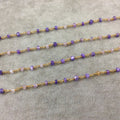 Gold Plated Copper Rosary Chain with Faceted 3-4mm Rondelle Shaped Mystic Coated Lilac/Purple Moonstone Beads - Sold Per Ft - CH145-GD