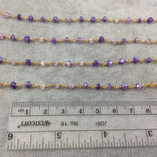 Gold Plated Copper Rosary Chain with Faceted 3-4mm Rondelle Shaped Mystic Coated Lilac/Purple Moonstone Beads - Sold Per Ft - CH145-GD