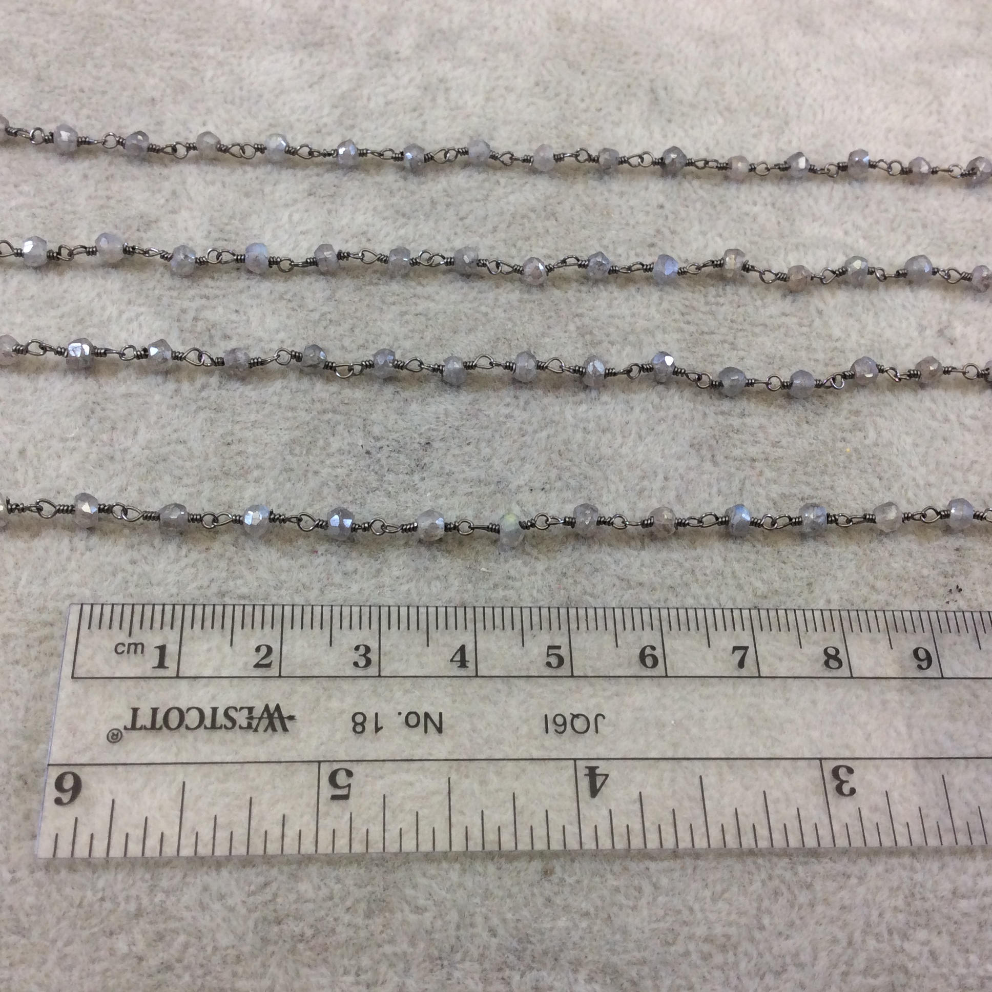 Gunmetal Plated Copper Rosary Chain with 3-4mm Rondelle Shaped Mystic Coated Gray Labradorite Beads - Sold by the Foot! (CH148-GM)