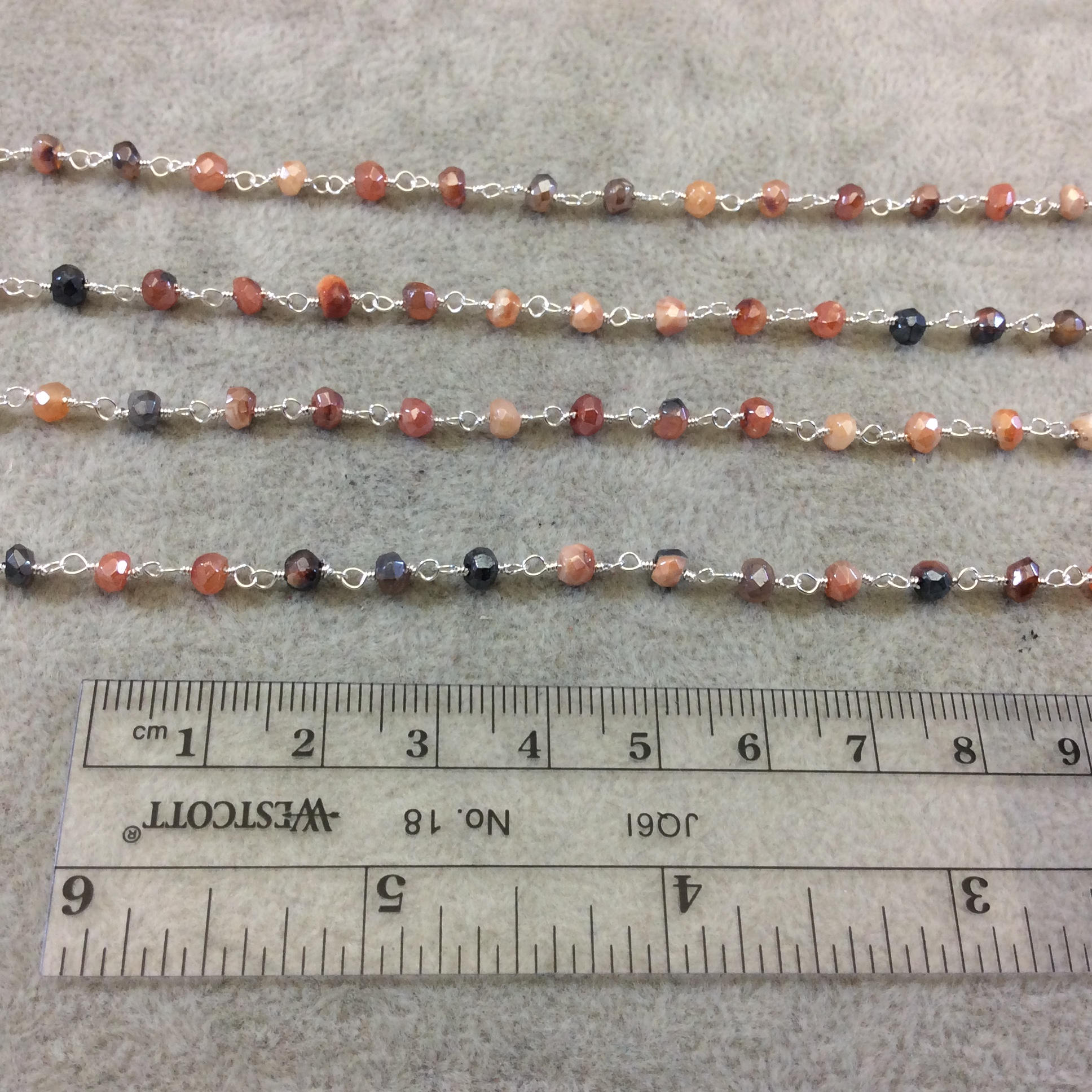 Silver Plated Copper Rosary Chain with Faceted 3-4mm Rondelle Shaped Mystic Coated Peach/Gray Carnelian Beads - Sold by the Foot (CH149-SV)