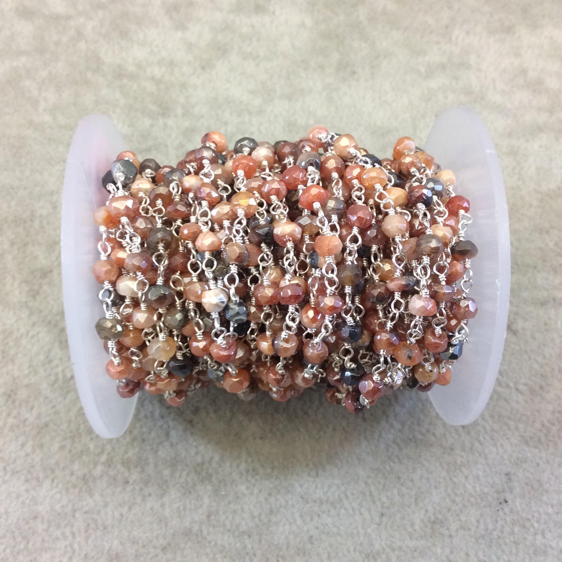 Silver Plated Copper Rosary Chain with Faceted 3-4mm Rondelle Shaped Mystic Coated Peach/Gray Carnelian Beads - Sold by the Foot (CH149-SV)