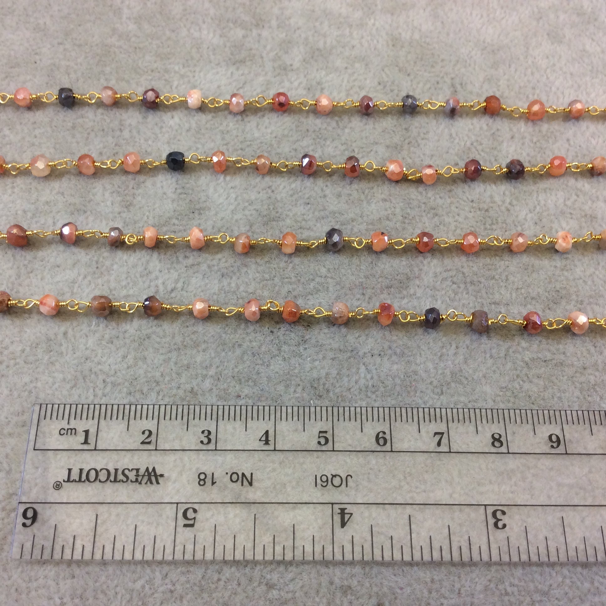 Gold Plated Copper Rosary Chain with Faceted 3-4mm Rondelle Shaped Mystic Coated Peach/Gray Carnelian Beads - Sold by the Foot (CH149-GD)
