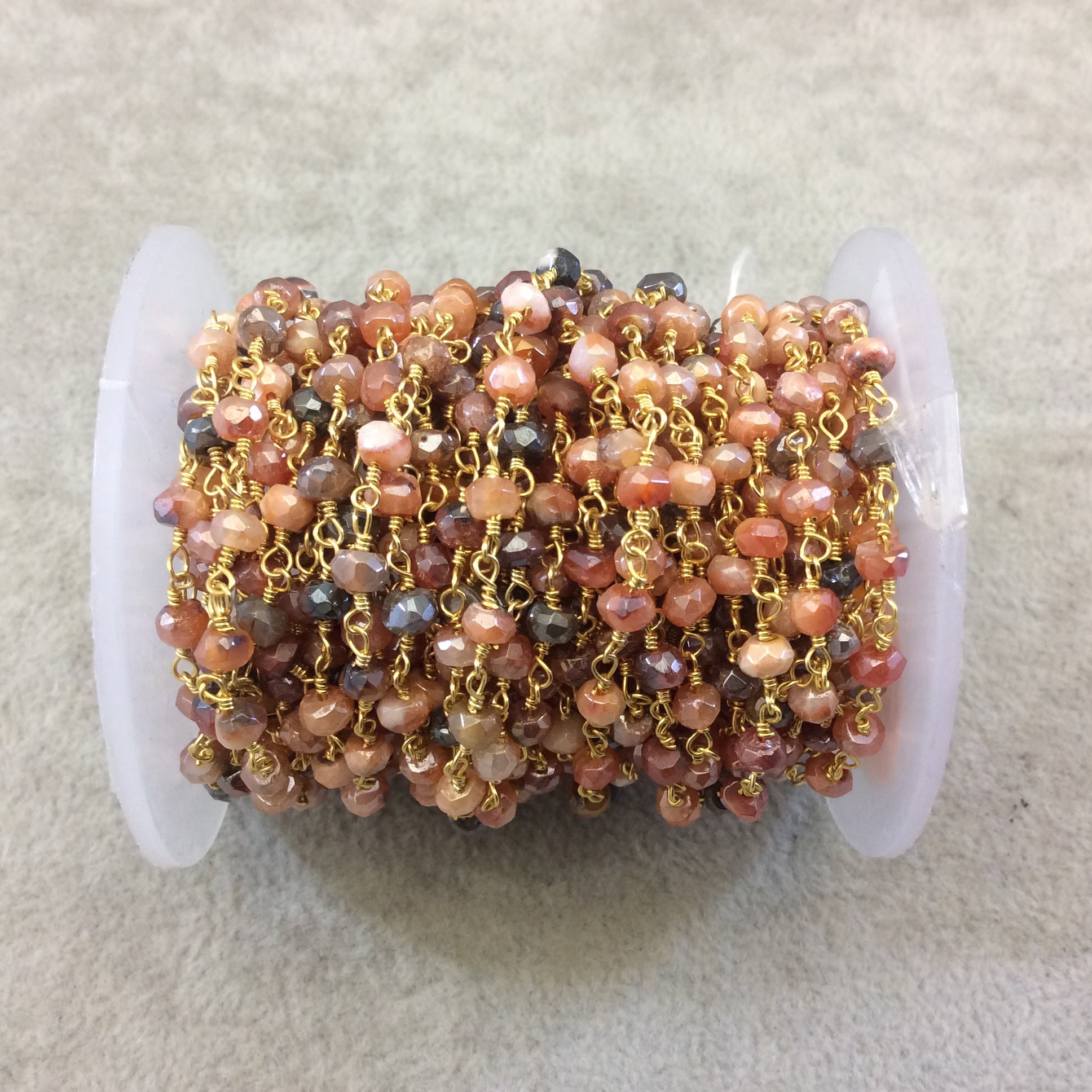 Gold Plated Copper Rosary Chain with Faceted 3-4mm Rondelle Shaped Mystic Coated Peach/Gray Carnelian Beads - Sold by the Foot (CH149-GD)