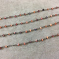 Gunmetal Plated Copper Rosary Chain with Faceted 3-4mm Rondelle Shaped Mystic Coated Peach/Gray Carnelian Beads - Sold by the Foot CH149-GM