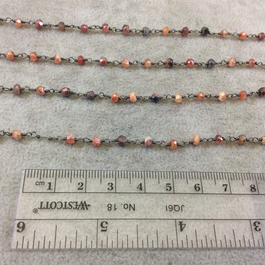 Gunmetal Plated Copper Rosary Chain with Faceted 3-4mm Rondelle Shaped Mystic Coated Peach/Gray Carnelian Beads - Sold by the Foot CH149-GM