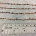 Gunmetal Plated Copper Rosary Chain with Faceted 3-4mm Rondelle Shaped Mystic Coated Peach/Gray Carnelian Beads - Sold by the Foot CH149-GM