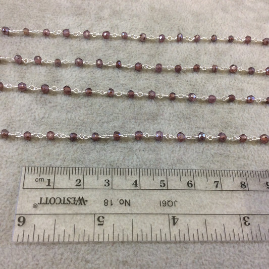 Silver Plated Copper Rosary Chain with Faceted 3-4mm Rondelle Shaped Mystic Coated Pink Red Garnet Beads - Sold Per Foot (CH150-SV)