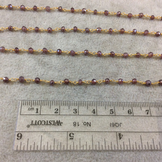 Gold Plated Copper Rosary Chain with Faceted 3-4mm Rondelle Shaped Mystic Coated Pink Red Garnet Beads - Sold Per Foot (CH150-GD)
