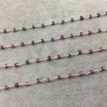 Silver Plated Copper Rosary Chain with Faceted 3-4mm Rondelle Shape Mystic Coated Magenta Quartz Beads - Sold by the Foot (CH153-SV)