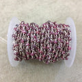 Silver Plated Copper Rosary Chain with Faceted 3-4mm Rondelle Shape Mystic Coated Magenta Quartz Beads - Sold by the Foot (CH153-SV)