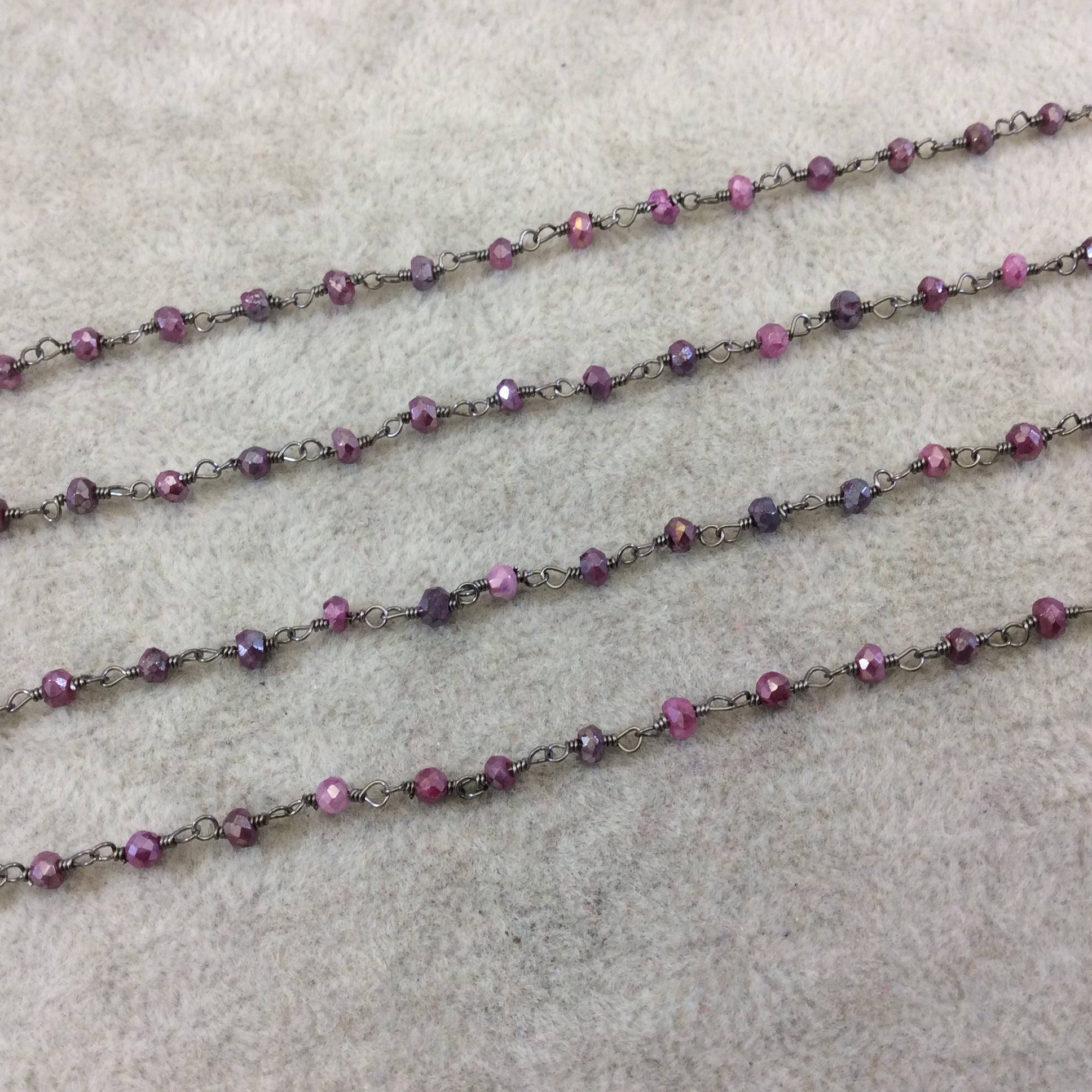 Gunmetal Plated Copper Rosary Chain with Faceted 3-4mm Rondelle Shape Mystic Coated Magenta Quartz Beads - Sold by the Foot (CH153-GM)