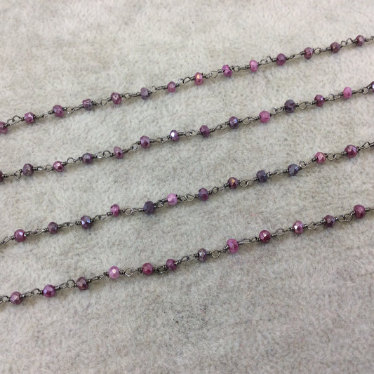 Gunmetal Plated Copper Rosary Chain with Faceted 3-4mm Rondelle Shape Mystic Coated Magenta Quartz Beads - Sold by the Foot (CH153-GM)