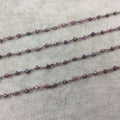 Gunmetal Plated Copper Rosary Chain with Faceted 3-4mm Rondelle Shape Mystic Coated Magenta Quartz Beads - Sold by the Foot (CH153-GM)