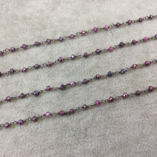 Gunmetal Plated Copper Rosary Chain with Faceted 3-4mm Rondelle Shape Mystic Coated Magenta Quartz Beads - Sold by the Foot (CH153-GM)