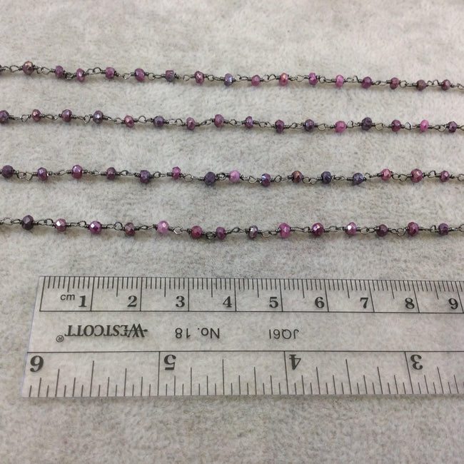 Gunmetal Plated Copper Rosary Chain with Faceted 3-4mm Rondelle Shape Mystic Coated Magenta Quartz Beads - Sold by the Foot (CH153-GM)