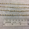 Gold Plated Copper Rosary Chain with Faceted 3-4mm Rondelle Shape Mystic Coated Gray Green Moss Aquamarine Beads - Sold Per Foot (CH155-GD)