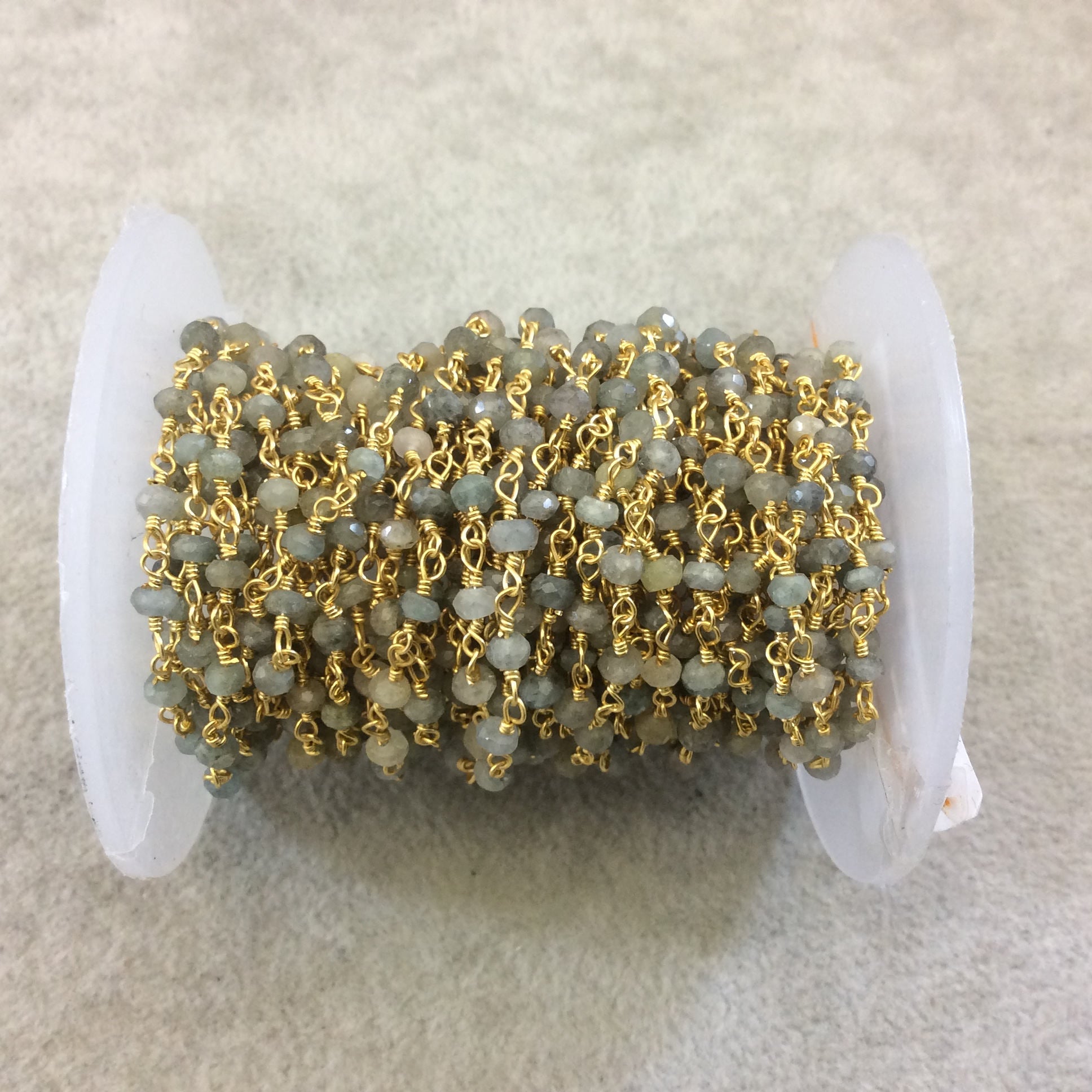 Gold Plated Copper Rosary Chain with Faceted 3-4mm Rondelle Shape Mystic Coated Gray Green Moss Aquamarine Beads - Sold Per Foot (CH155-GD)