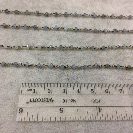 Gunmetal Plated Copper Rosary Chain w/ Faceted 3-4mm Rondelle Shape Mystic Coated Gray Green Moss Aquamarine Beads - Sold Per Foot CH155-GD