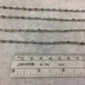 Gunmetal Plated Copper Rosary Chain w/ Faceted 3-4mm Rondelle Shape Mystic Coated Gray Green Moss Aquamarine Beads - Sold Per Foot CH155-GD