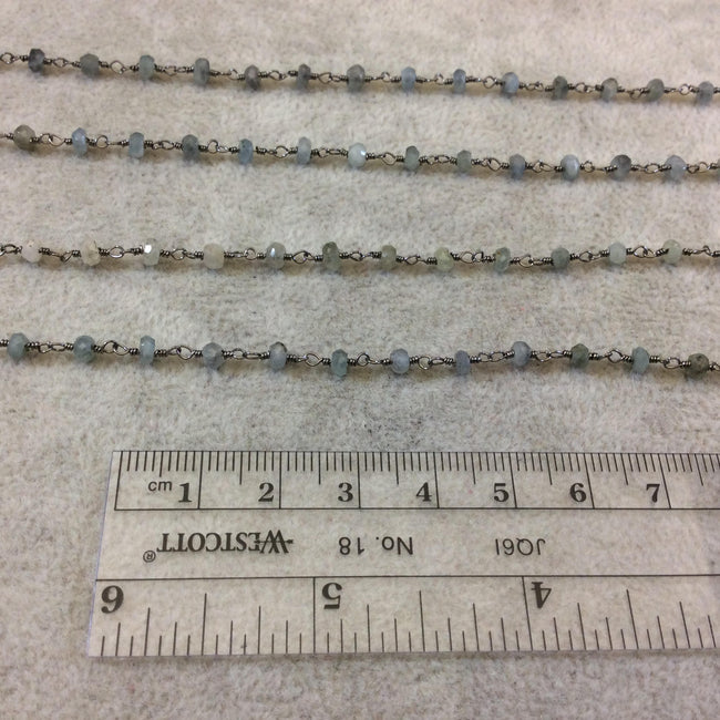 Gunmetal Plated Copper Rosary Chain w/ Faceted 3-4mm Rondelle Shape Mystic Coated Gray Green Moss Aquamarine Beads - Sold Per Foot CH155-GD