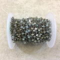 Gunmetal Plated Copper Rosary Chain w/ Faceted 3-4mm Rondelle Shape Mystic Coated Gray Green Moss Aquamarine Beads - Sold Per Foot CH155-GD