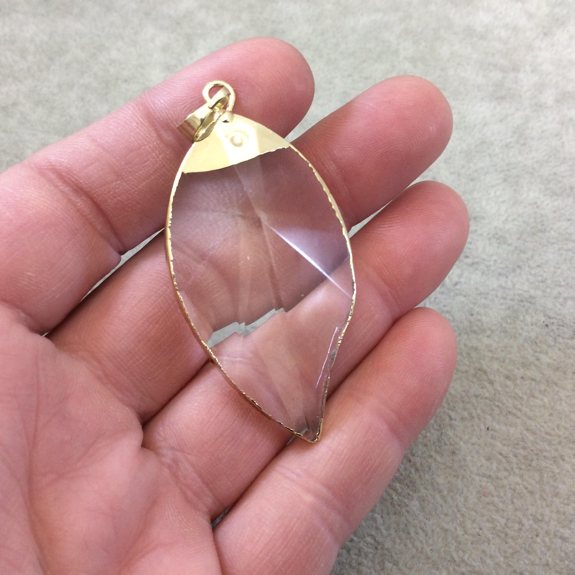Gold Electroplated Starburst Faceted Glass Clear/Transparent Crystal Leaf Pendant With Bail - Measuring 27mm x 50mm - Sold Individually
