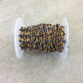 Gold Plated Copper Rosary Chain with Faceted 3-4mm Rondelle Shaped Rainbow Mystic Coated Black Spinel Beads - Sold Per Ft - (CH158-GD)