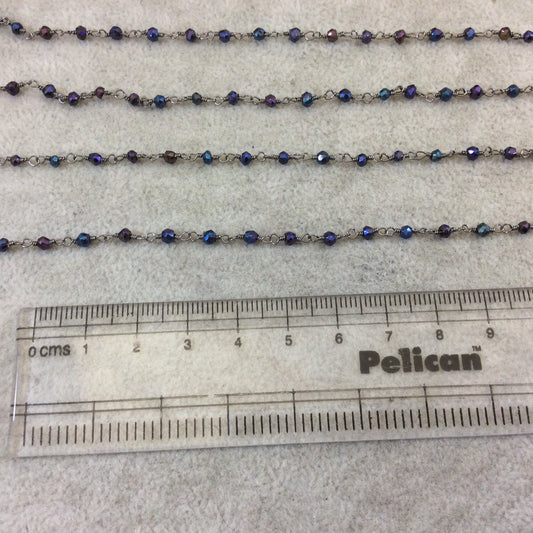 Gunmetal Plated Copper Rosary Chain with Faceted 3-4mm Rondelle Shaped Rainbow Mystic Coated Black Spinel Beads - Sold Per Ft - (CH158-GM)