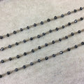 Gunmetal Plated Copper Rosary Chain with Faceted 3-4mm Rondelle Shaped Mystic Coated Black Spinel Beads - Sold Per Ft - (CH157-GM)