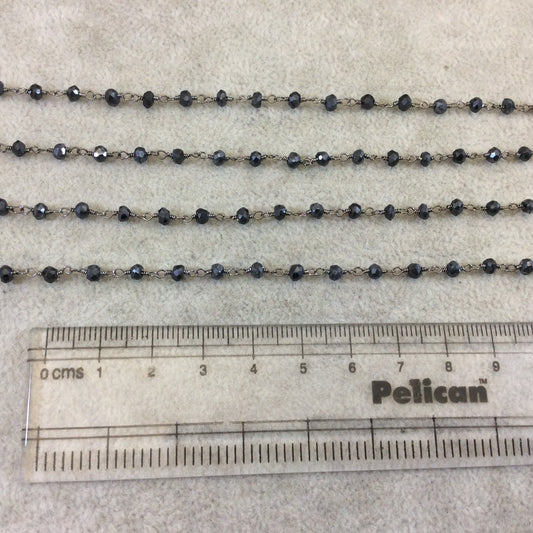 Gunmetal Plated Copper Rosary Chain with Faceted 3-4mm Rondelle Shaped Mystic Coated Black Spinel Beads - Sold Per Ft - (CH157-GM)