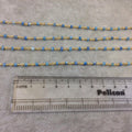 Gold Plated Copper Rosary Chain with Faceted 3-4mm Rondelle Shaped Mystic Coated Medium Blue Moonstone Beads - Sold Per Ft - CH143-GD