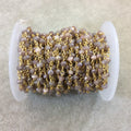 Gold Plated Copper Rosary Chain with Faceted 3-4mm Rondelle Shaped Mystic Coated Pink/Mauve Moonstone Beads - Sold Per Ft - CH144-GD