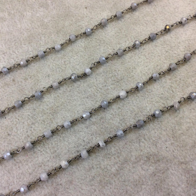 Gunmetal Plated Copper Rosary Chain with Faceted 3-4mm Rondelle Shaped Mystic Coated Gray Quartz Beads - Sold Per Ft - (CH151-GM)