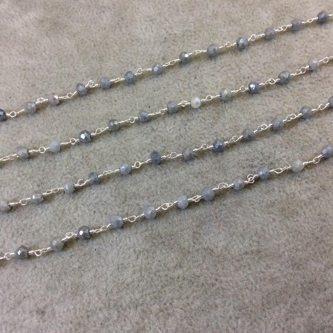 Silver Plated Copper Rosary Chain with Faceted 3-4mm Rondelle Shaped Mystic Coated Gray Quartz Beads - Sold Per Ft - (CH151-SV)