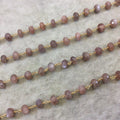Gold Plated Copper Rosary Chain with Faceted 4mm x 6mm Rondelle Shape Peach/Mauve Peach Moonstone Beads - Sold Per Ft - (CH333-GD)