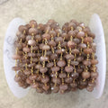 Gold Plated Copper Rosary Chain with Faceted 4mm x 6mm Rondelle Shape Peach/Mauve Peach Moonstone Beads - Sold Per Ft - (CH333-GD)