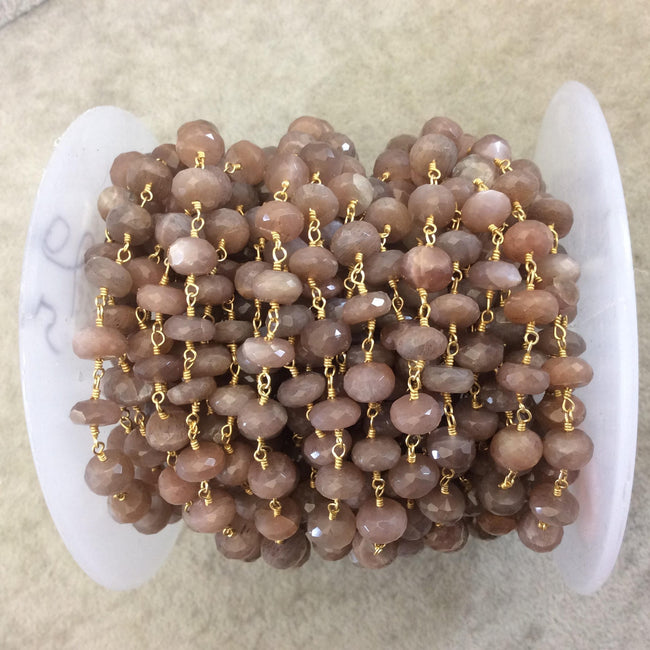 Gold Plated Copper Rosary Chain with Faceted 4mm x 6mm Rondelle Shape Peach/Mauve Peach Moonstone Beads - Sold Per Ft - (CH333-GD)