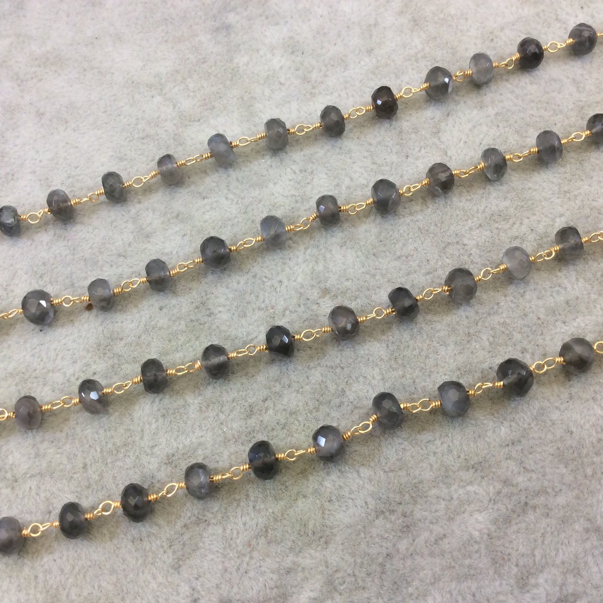 Gold Plated Copper Rosary Chain with Faceted 4mm x 6mm Rondelle Shape Mystic Gray Moonstone Beads - Sold Per Ft - (CH332-GD)