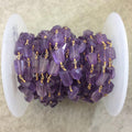 Gold Plated Copper Rosary Chain with Faceted 8-10mm x 10-12mm Nugget Shape Transparent Purple Amethyst Beads - Sold Per Ft - (CH433-GD)