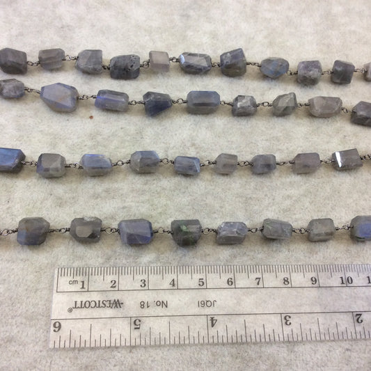 Gunmetal Plated Copper Rosary Chain with Faceted 8-10mm x 10-12mm Nugget Shape Iridescent Gray  Labradorite Beads - Sold Per Ft - (CH432-GM)