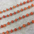 Gunmetal Plated Copper Rosary Chain with Faceted 6mm Rondelle Shape Carnelian  Beads - Sold by the Foot (CH337-GM) Quality Gemstone!