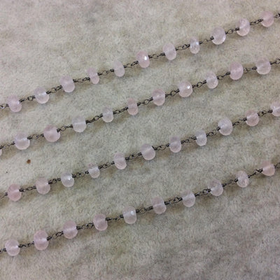 Gunmetal Plated Copper Rosary Chain with Faceted 6mm Rondelle Shape Rose Quartz  Beads - Sold by the Foot (CH336-GM) Quality Gemstone!