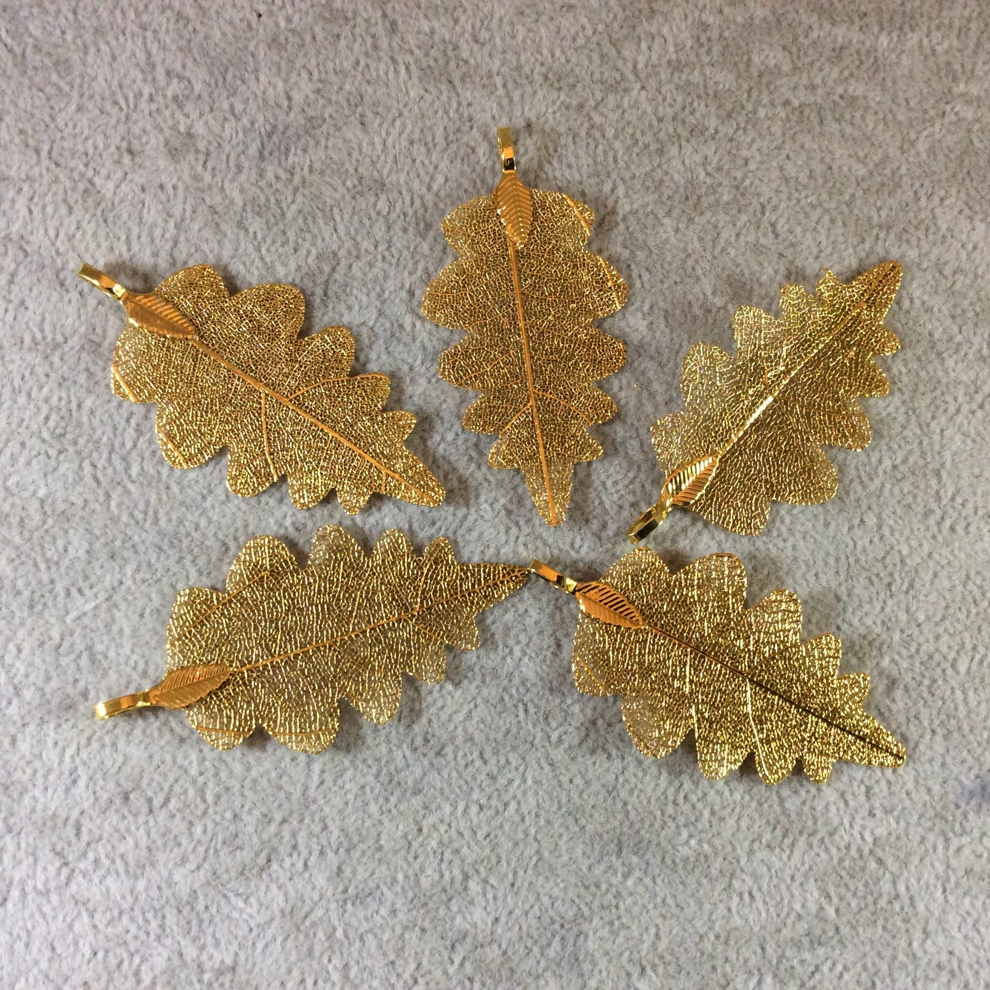 Large Bright Gold Finish Electroplated Copper Scalloped Leaf Pendant with Attached Bail - Measuring Approx. 50mm Long - Sold Individually