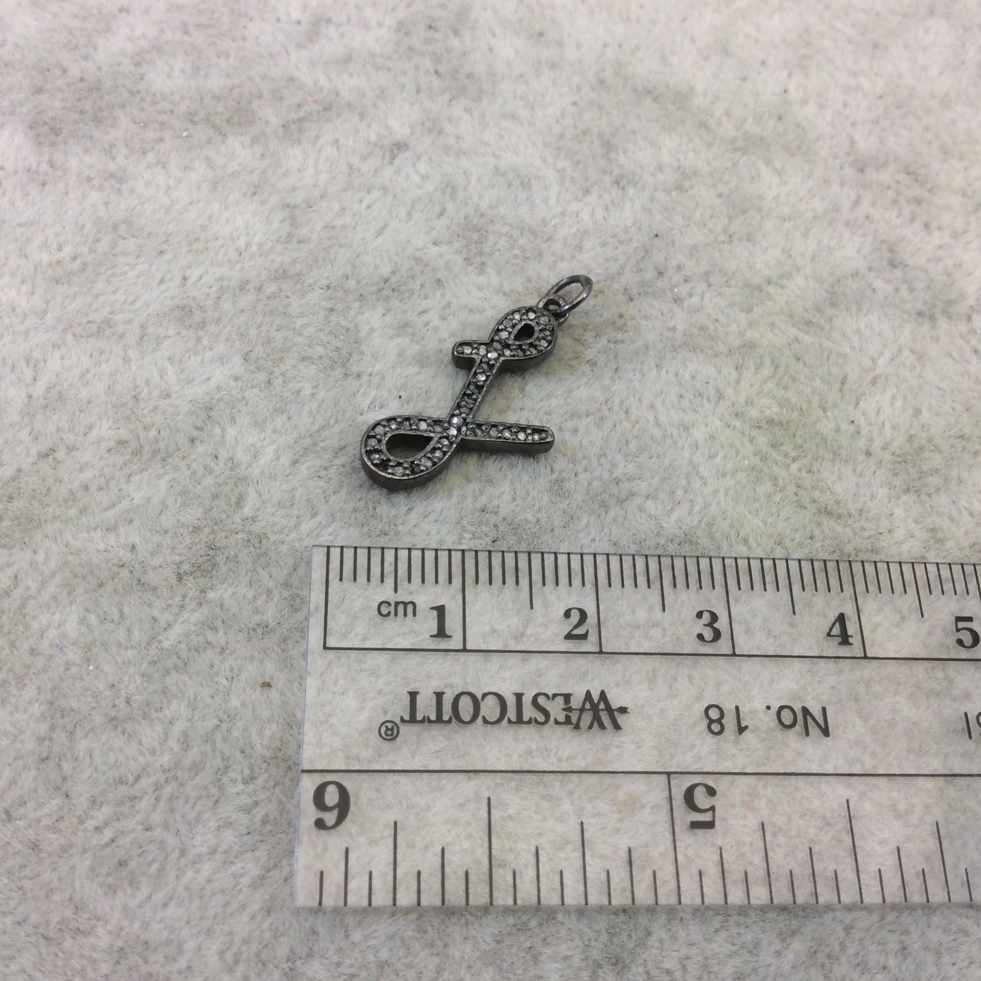 Genuine Pave Diamond Encrusted Gunmetal Plated Sterling Silver SCRIPT Alphabet Letter "L" - ~ 14mm x 20mm, Carat Weight Varies By Letter