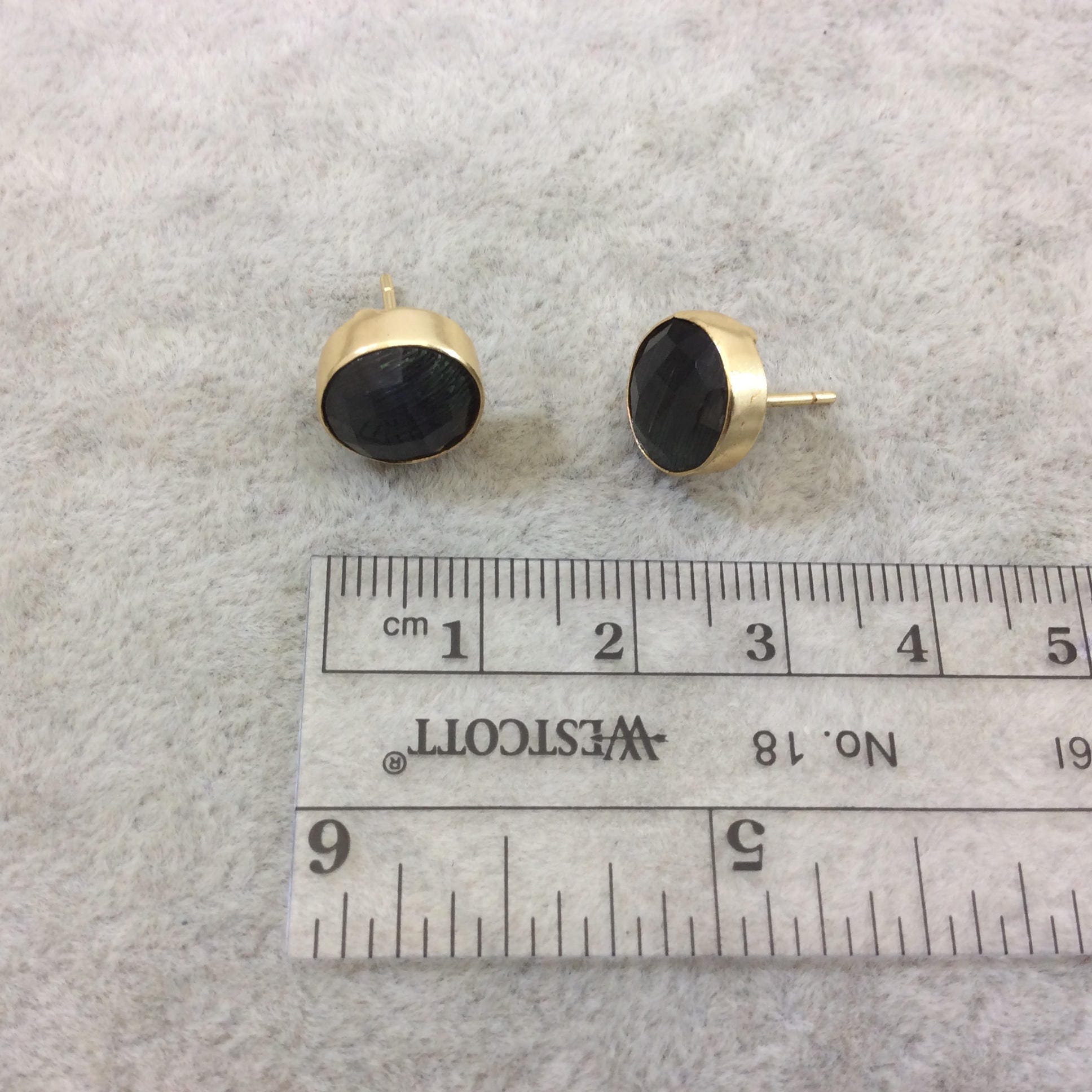 One Pair of Charcoal Gray Synthetic Cat's Eye Round Shaped Gold Plated Stud Earrings with NO ATTACHED Jump Rings - Measuring 10mm x 10mm